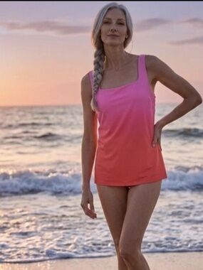 LANDS END Tankini Ombre Bathing Suit Swim Beach Cruise Pink Orange 16W